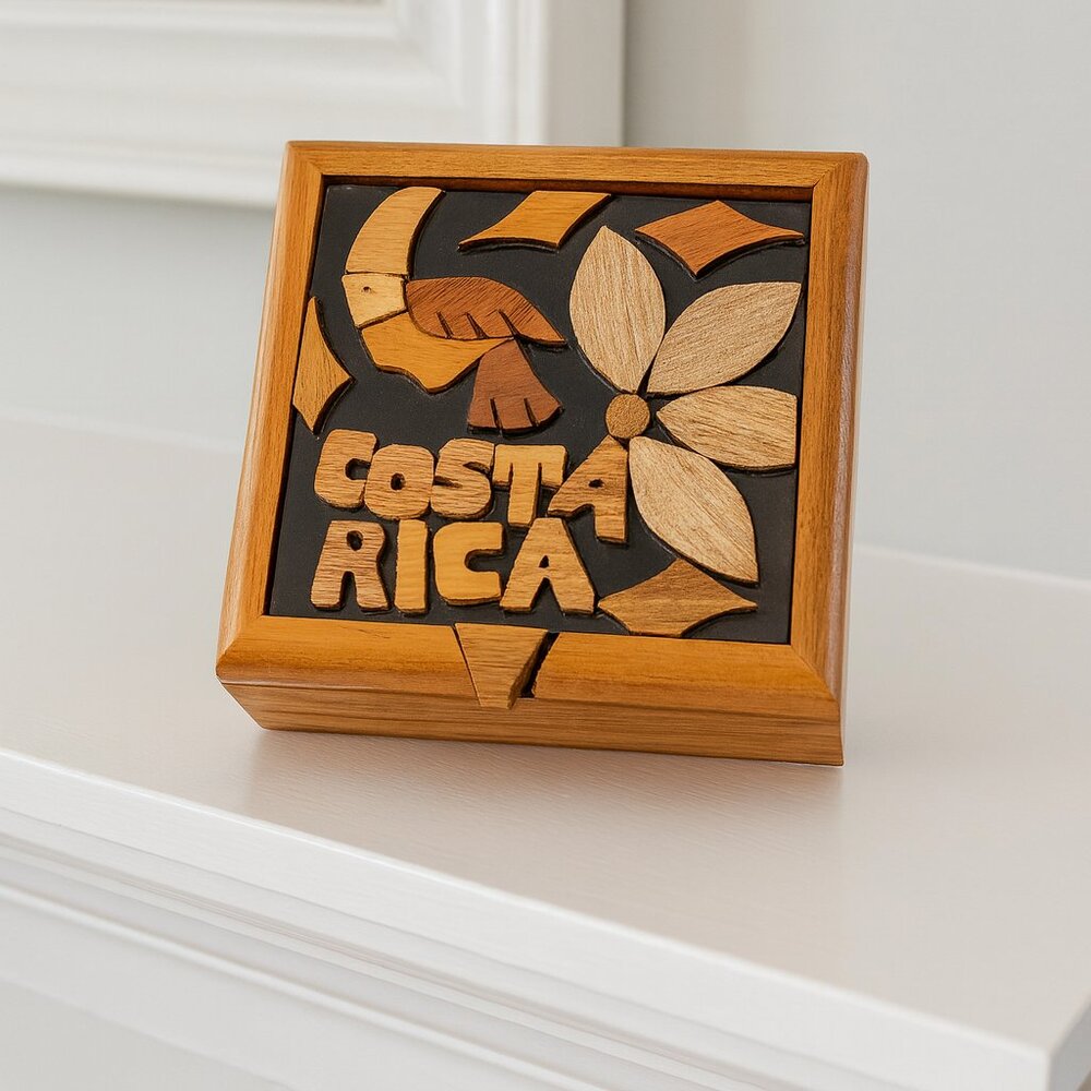 Vintage Costa Rica Wooden Trinket Jewelry Decor Box Carved Lid Tiki Pop